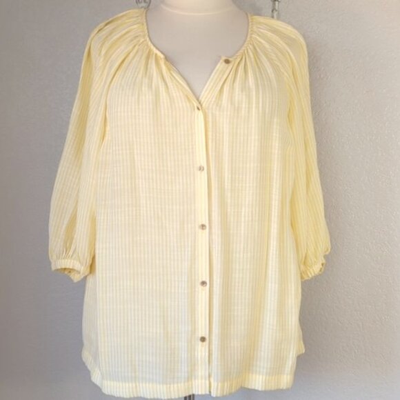 LC Lauren Conrad 2X Raglan Sleeve Button Front Shirt Yellow & White Stripe - Picture 1 of 4